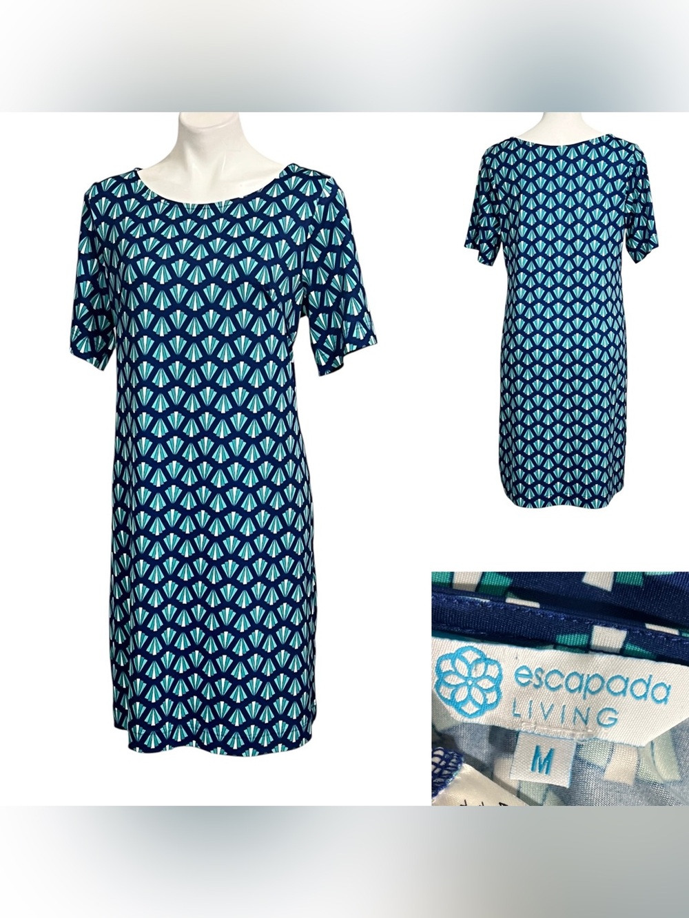 Escapada Living Shift Dress M Blue Geometric short sleeve beach resort‎ vacation